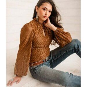 Sterling & Stitch Brown Textured Long-Sleeve Top With Keyhole Neckline & Draped